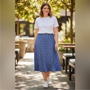 George Blue Printed Midi Skirt Size 18W Elastic Waist